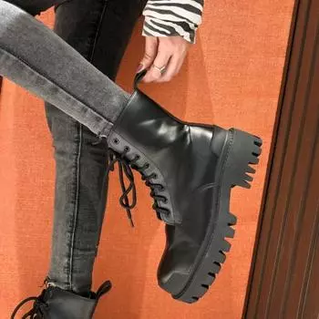 Обувь Женские осенне-зимние новые ботильоны Женская обувь Носите модные ботинки на толстой подошве Винтажные женские Botas De Mujer 36 чёрный