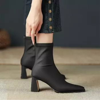 Обувь Женские резиновые сапоги Сексуальные бедра на высоком каблуке Высокие сексуальные сапоги на молнии - женские дождевые остроносые осенние выше колена средние женские ковбойские сапоги 35 чёрный