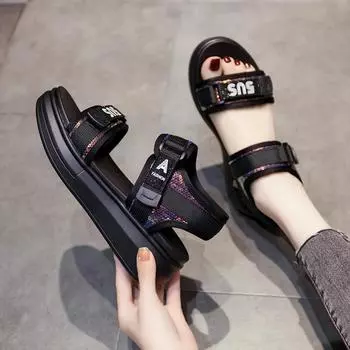 Обувь, женские сандалии, новинка 2024 года, женские летние сандалии на каблуке, на платформе, Sandalias Mujer, мягкая женская обувь на танкетке, летняя обувь 34 чёрный