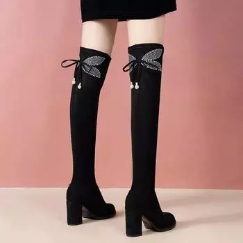 Обувь Женские сапоги до бедра, каблуки со стразами, туфли для женщин, элегантные туфли на каблуке выше колена, мода 2024 года, новинка в продаже 35