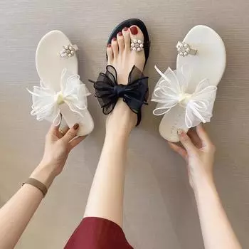 Обувь Женские тапочки Повседневные шлепанцы с узлом-бабочкой Пантофле с бусинами Низкие мягкие роскошные летние базовые тканевые шлепанцы на плоской подошве H 37