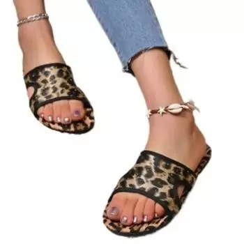 Обувь Женские тапочки с открытым носком Женские тапочки для улицы Повседневные тапочки Женские кристально-леопардовые с круглым носком на плоской подошве с сандалиями больших размеров 36