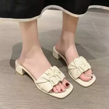 Обувь Женские тапочки Тапочки на квадратном каблуке Женские роскошные шлепанцы среднего размера Летние дизайнерские блочные дизайнерские римские скандалы PU Каблуки-копыта 35