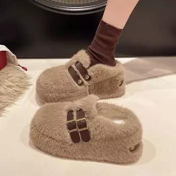 Обувь женские тапочки уличные на каблуке мюли шлепанцы пантофле закрытый носок меховые шлепанцы модная платформа на танкетке флок высокие 2024 35 чёрный