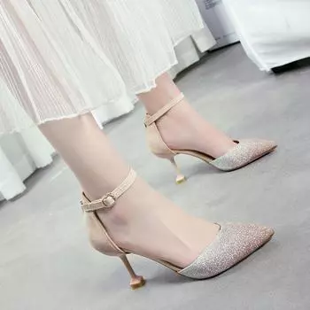 Обувь женские туфли с острым носком, черные, лето 2024, на среднем каблуке, босоножки для женщин, вечеринки и свадьбы, закрытые, кристаллы FH 34