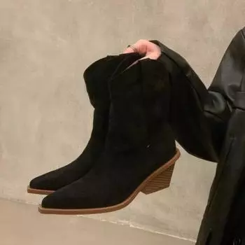 Обувь Женский бренд Slip-on женские сапоги Модные однотонные современные сапоги Женские сексуальные остроносые туфли на квадратном каблуке до середины икры Женские 35