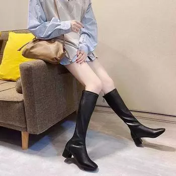 Обувь Зимние женские сапоги до колена с высоким голенищем Белые туфли для женщин Средний каблук Черный квадратный носок Длинные Gyaru Goth New Rock в Hot 35