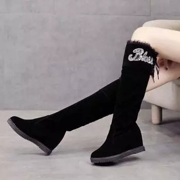 Обувь зимняя до колена с высоким голенищем на каблуке женская обувь на танкетке длинные женские сапоги элегантные демисезонные сапоги со стразами на каблуке 35