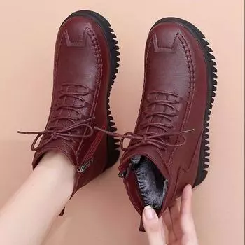 Обувь зимняя теплая бархатная хлопковая обувь для мам, женская обувь среднего возраста на плоской подошве, нескользящая женская хлопковая обувь, короткие ботинки для женщин, пожилая кожаная обувь 35