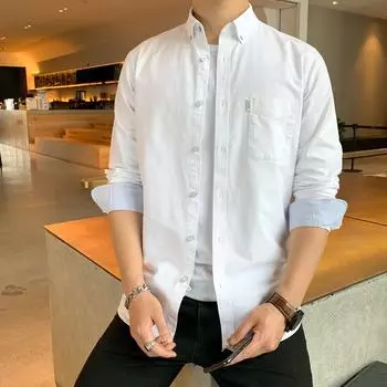 Обычная модель, удобная, для отдыха, для мужчин среднего возраста, с длинным рукавом, SlimFit, повседневная, деловая, классическая рубашка, однотонная, белая рубашка M белый