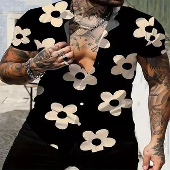 Обычная мужская повседневная рубашка с цветочным принтом из полиэфирного волокна для комфортного отдыха на свежем воздухе летом S