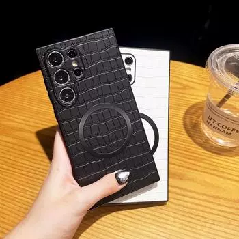 Обычный кожаный магнитный чехол для телефона Samsung Galaxy S24 S23 Plus S22 Ультра роскошный противоударный тонкий квадратный чехол с крокодиловым принтом для Magsafe Case Samsung S24 чёрный