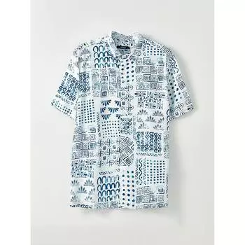 Обычный крой с коротким рукавом и рисунком из вискозы синяя мужская рубашка