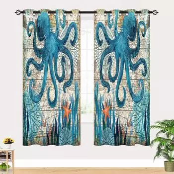 Ocean Animal Landscape Window Curtain, Coral with Nautical Map, Thin, Octopus, Living Room, Bedroom Decor 50W160H(CM)x2Panel&Hook