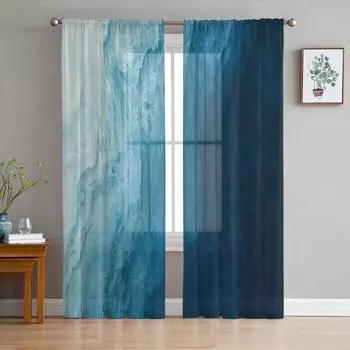 Ocean Beach Gradient Waves Sheer Curtains Modern Gauze Curtain for Living Room Bedroom Voile Yarn Curtains W135 x H114cm