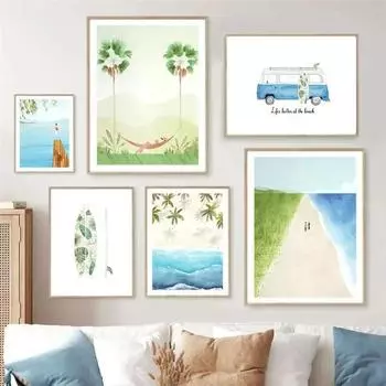 Ocean Beach Palm Tree Surfboard Seagull Canvas Painting - Travel Posters and Prints for Living Room Decor 21x30cm No Framed
