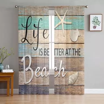 Ocean Beach Wood Grain Starfish Shell Tulle Curtain Voile Transparent for Bedroom Living Room Kitchen Sheer Window Curtains W135 x H114cm