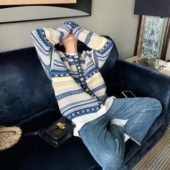 Ocean blue, ретро тяжелая промышленность атмосфера свитер куртка кардиган женский нишевый свободный вязание длинные рукава one size fits all синий