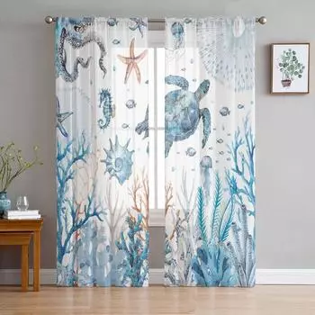Ocean Coral Turtle Starfish Sheer Curtains for Living Room Decoration Window Curtains for Kitchen Tulle Voile Organza Curtains W135 x H115cm x1