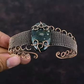 Ocean Jasper Cuff Bracelet Copper Wire Wrapped Bangle Adjustable Cuff Bracelet Handmade Natural Gemstone Bangle Copper Jewelry Gift For Him