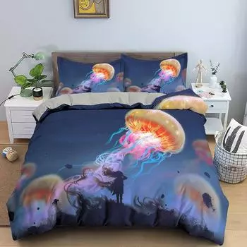 Ocean Jellyfish Bedding Set Shiny Sea Animals Duvet Cover King/Queen Size Magical Marine Life Blue 2/3PCS Polyester Quilt Cover 70x133cm 2pcs