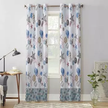 Ocean Shell Starfish Fish Scales Curtains for Bedroom Living Room Window Curtain Treatments Blinds Kitchen Home Decor Drapes 135W x 60H(cm) x1