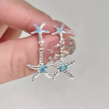 Ocean Star ~ Blue Zircon Starfish Silver Pin Stud Earrings Women Niche High Sense Unique Exquisite Earrings Ear Rings Blue Starfish Drop Earrings (Silver Needle)