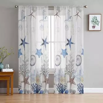 Ocean Starfish Shell Tulle Sheer Window Curtains for Living Room Kitchen Children Bedroom Voile Hanging Curtain W135 x H114cm