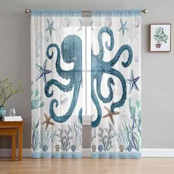 Ocean Stripes Seaweed Starfish Octopus Voile Sheer Curtains Living Room Window Tulle Curtain Kitchen Bedroom Drapes Home Decor 135W x 114H(cm)
