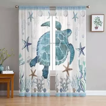 Ocean Stripes Seaweed Starfish Tortoise Voile Sheer Curtains Living Room Window Tulle Curtain Kitchen Bedroom Drapes Home Decor 135W x 114H(cm)