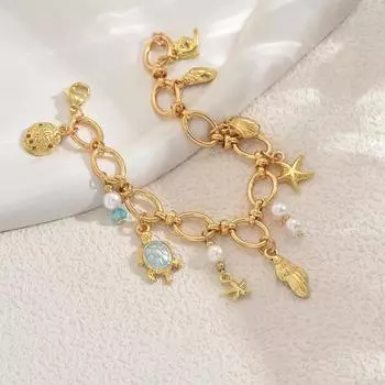 Ocean style bracelet, versatile metal shell, turtle dripping oil with pearl design bracelet, jewelry for women
