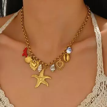 Ocean Style Jewelry Geometric Starfish Shell Design Versatile Long Necklace High Sense Necklace Women