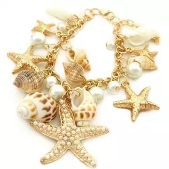 Ocean Style Starfish Sea Star Conch Shell Faux Pearl Chain Summer Beach Bracelet