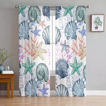 Ocean Summer Shell Starfish Coral Watercolor Sheer Curtains for Kids Bedroom Living Room Voile Window Curtains Tulle Drapes W135 x H114cm