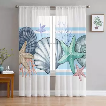 Ocean Summer Shell Starfish Coral Watercolor Sheer Curtains for Kids Bedroom Living Room Voile Window Curtains Tulle Drapes W135 x H114cm