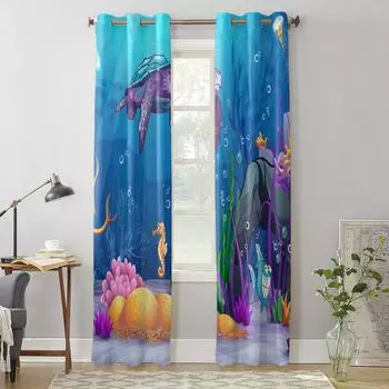 Ocean Turtle Seahorse Coral Cartoon Window Curtain Bedroom Living Room Window Drapes Kitchen Decoration Blinds Curtain 135W x 60H(cm) x1