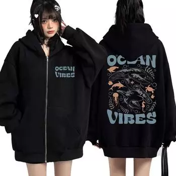 Ocean Vibes 90s Fashion Zip Up Hoodies Mens Womens Aesthetic Y2k Clothes Long Sleeve Oversize Fleece Casual Zip Sweatshirt S