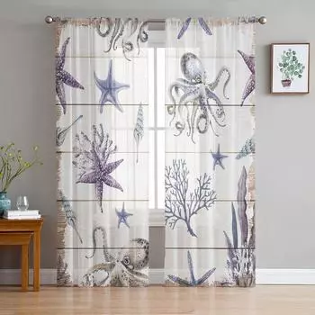 Ocean Watercolor Creatures Starfish Octopus Tulle Curtain Voile Transparent for Bedroom Living Room Sheer Window Curtains W135 x H114cm