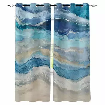 Ocean Waves Beach Gradient Abstract Blue Blackout Curtains For Living Room Bedroom Printed Window Treatment Drapes Home Decor W135 x H60cm