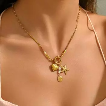 Ocean Wind Ladies Necklace Geometric Starfish Shell Design Pearl Clavicle Chain Versatile Necklace Women