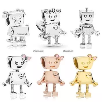 Очарование из стерлингового серебра 925 пробы, милый бот Белла, большое сердце и множество бусин-роботов, подходит для браслета и ожерелья в форме сковороды, ювелирные изделия своими руками