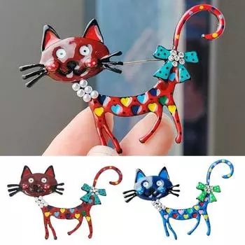Очаровательная брошь в форме кошки с жемчугом, красочными стразами, эмалью, искусственная брошь на булавке, значок на лацкане, повседневные аксессуары синий