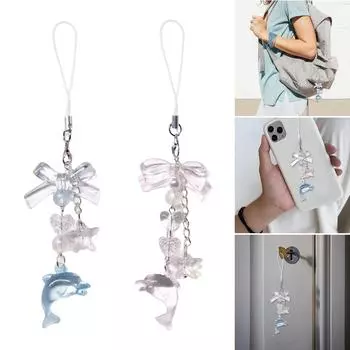 Очаровательная цепочка для телефона с дельфином и морской звездой, аксессуар, брелок для ключей, акриловый мобильный кулон для сумок и ключей синий