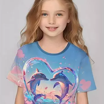 Очаровательная футболка с короткими рукавами и круглым вырезом с 3D-графикой дельфина для девочек, идеальная для повседневного бега, летний подарок, осенняя одежда 100