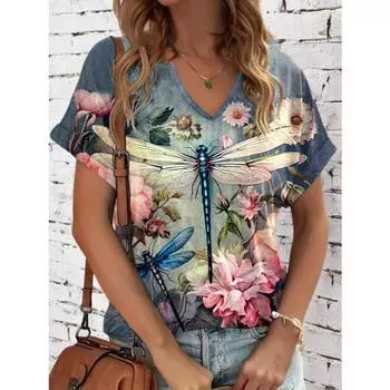 Очаровательная футболка с принтом «Стрекоза» — модный вырез с V-образным вырезом — винтажный топ с коротким рукавом для женщин — идеальное дополнение к весеннему и летнему гардеробу S
