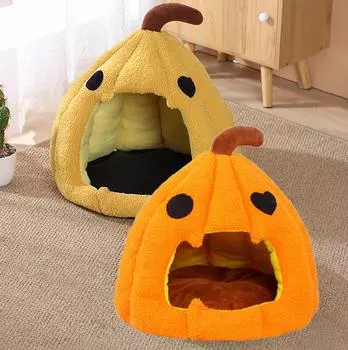Очаровательная кровать для питомца в виде тыквы на Хэллоуин с бархатной тканью Тедди, универсальная для всех сезонов, теплая и уютная зимой 40cm x 40cm x 32cm жёлтый