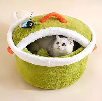 Очаровательная лежанка для домашних животных в виде крышки горшка — мягкая и удобная, теплая зимой, полузакрытая для чувства безопасности 48x48x30cm зелёный