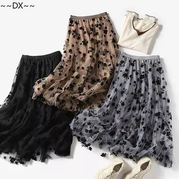 Очаровательная сетчатая полуюбка с высокой талией и цветочным принтом, юбка-трапеция средней длины, новинка осени 2020, платье феи One Size белый