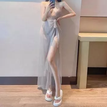 Очаровательная сексуальная одежда, подвязки, дразнящая сетка, глубокое V, перспектива, цельная, из двух частей, до половины тела average size [80-60kg]