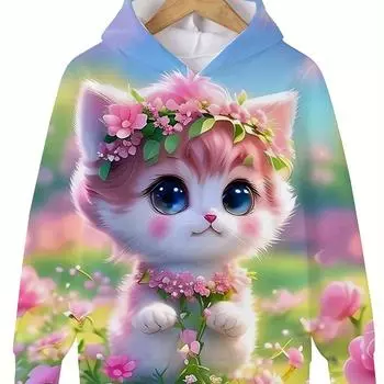 Очаровательная толстовка с капюшоном Flower Kitty Garden Graphic Hoodie - Длинный рукав, повседневная спортивная толстовка 100
